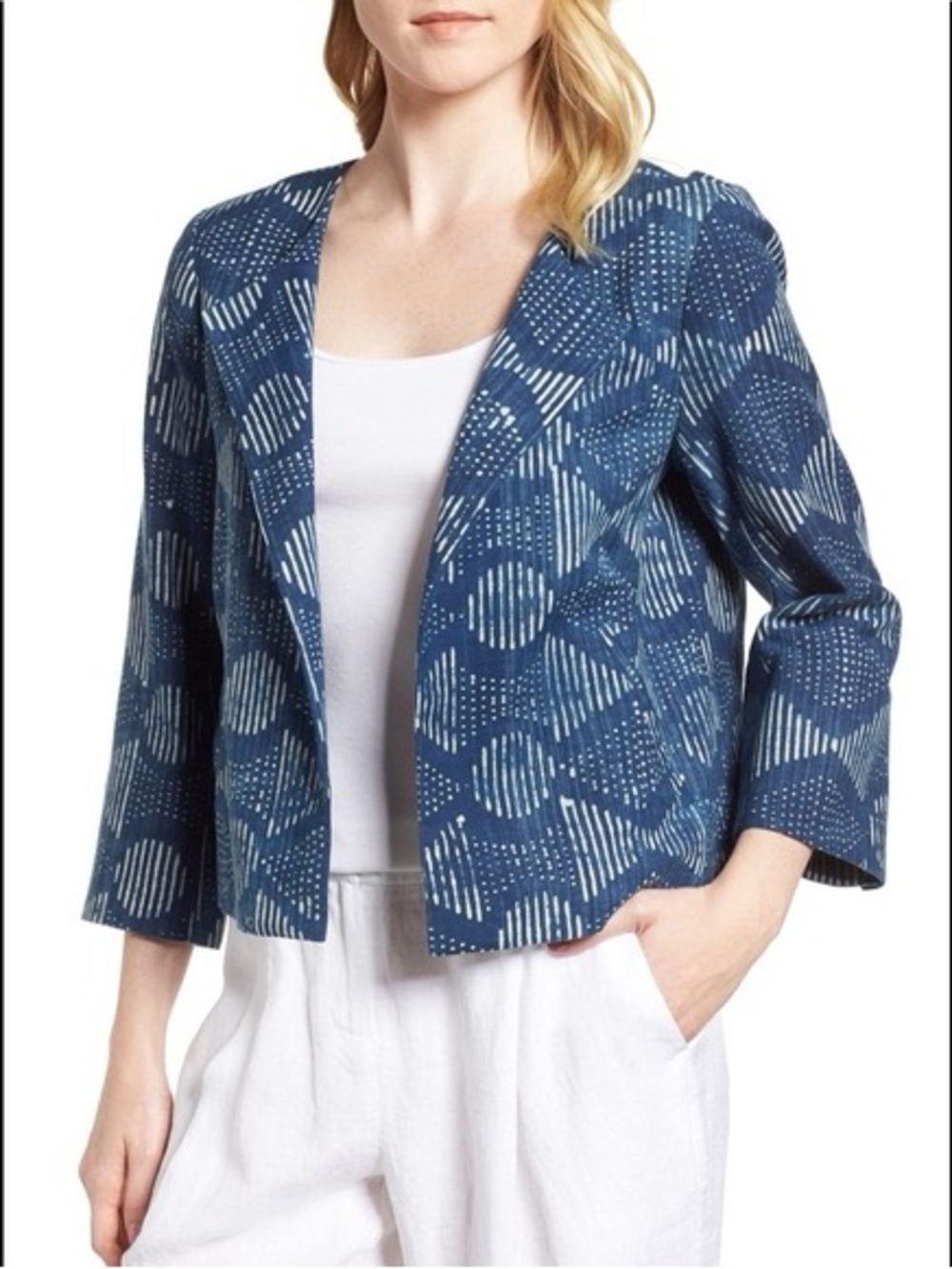 Eileen Fisher Blue Printed Open-Front Blazer